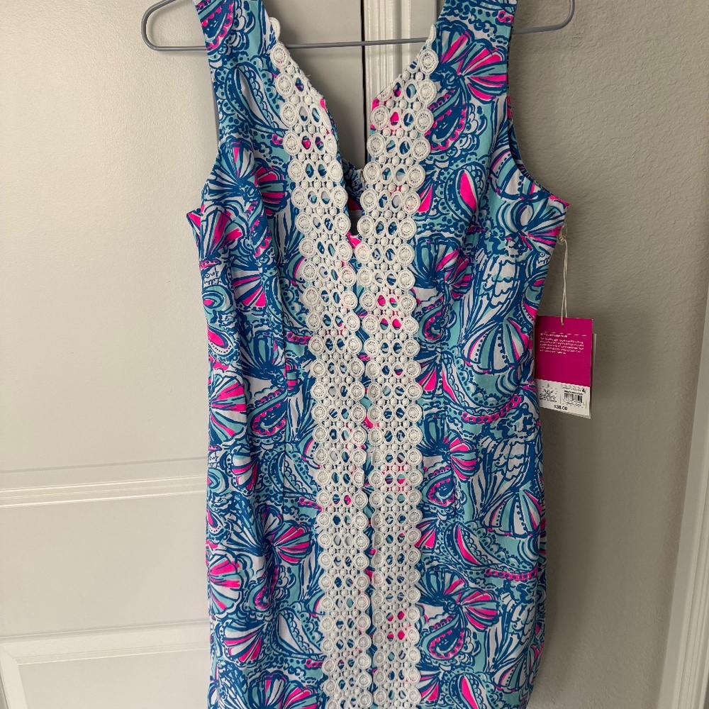Sleeveless Blue & Pink Floral Lace-Trim Shift Dress